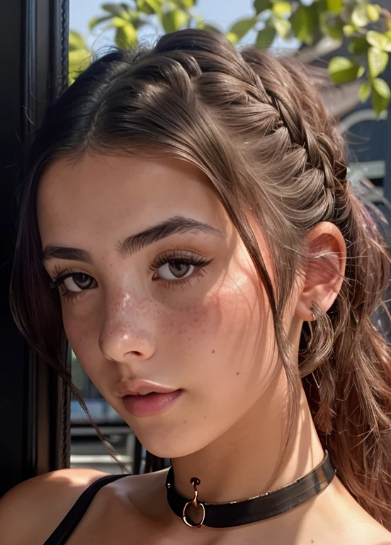 A stunning intricate color close up portrait of (sks woman:1) , wearing choker, epic character composition, sharp focus, natural lighting, subsurface scattering, f2, 35mm, film grain, , by Gregory Crewdson,