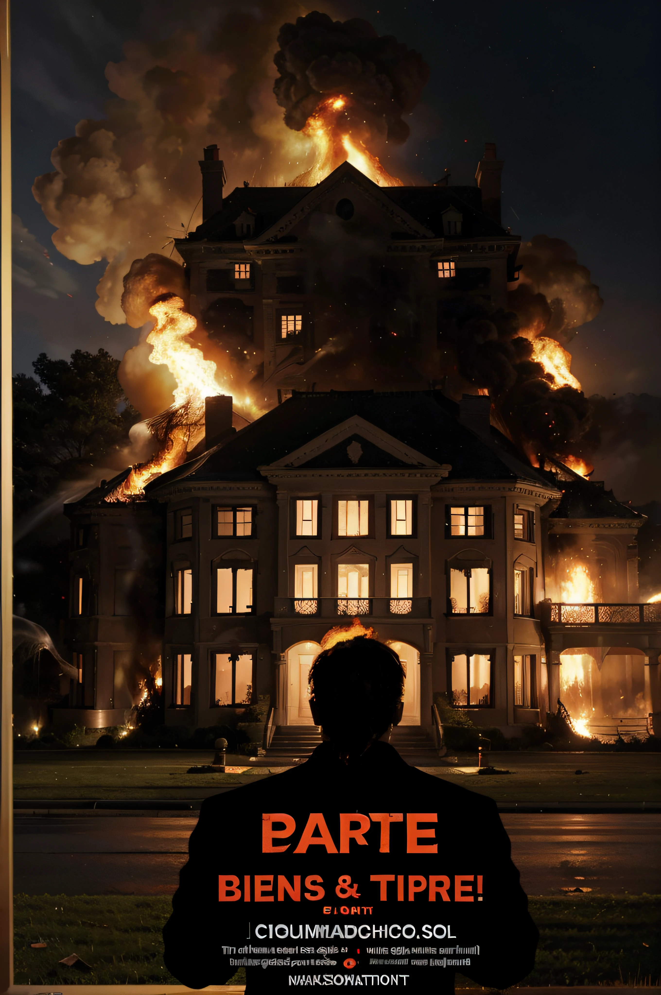 (La mejor calidad,Ultra detallado,realista:1.37),burning mansion,folleto de fiesta,burning mansion,infierno,llamas devastadoras,Fuego furioso,restos,bomberos intentando controlar,cielo lleno de humo,frenetic chaos,dark silhouette of the mansion,brasas incandescentes,incendio peligroso,Resplandor ominoso,fiery destruction,spreading across the land,Llamas crepitantes,Infierno imponente,fuerza destructiva,llamas explosivas,calor abrasador,panicked guests fleeing,Paisaje cubierto de cenizas,Escape desesperado,escombros en llamas,cielo iluminado,extintores dispersos,intensas olas de calor que consumen,apocalyptic scene,Llamas parpadeantes,haunting atmosphere,burning mansion collapsing,restos en llamas,Bomberos luchando contra viento y marea,tonos naranja y rojo,Llamas devoradoras,estallando por las ventanas.