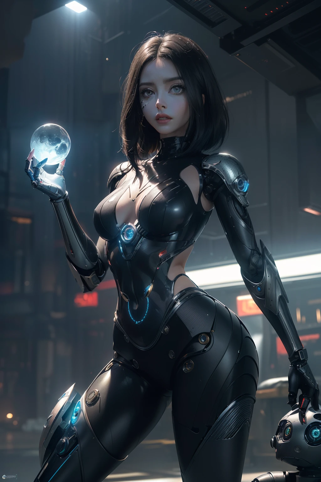 ((La mejor calidad)), ((Obrmagine a captivating illustration featuring a standing, angelic female robot inspired by the style of Alita: Battle Angel in a futuristic scene. The robot should emanate a sense of ethereal beauty and grace, surrounded by a cybernetic ambiance. Ensure the image is intricately detailed, capturing the sleek features of the robot and the enchanting pose. The scene should exude a cinematic quality, with volumetric lighting adding depth and a touch of sci-fi mystique to the composition. Emphasize the robot's artificial yet enchanting presence, using lighting to create a sense of wonder. Consider incorporating futuristic elements to enrich the narrative, presenting the Alita-inspired robot in a captivating and alluring stance.a maestra)), (Detallado), Cara perfecta