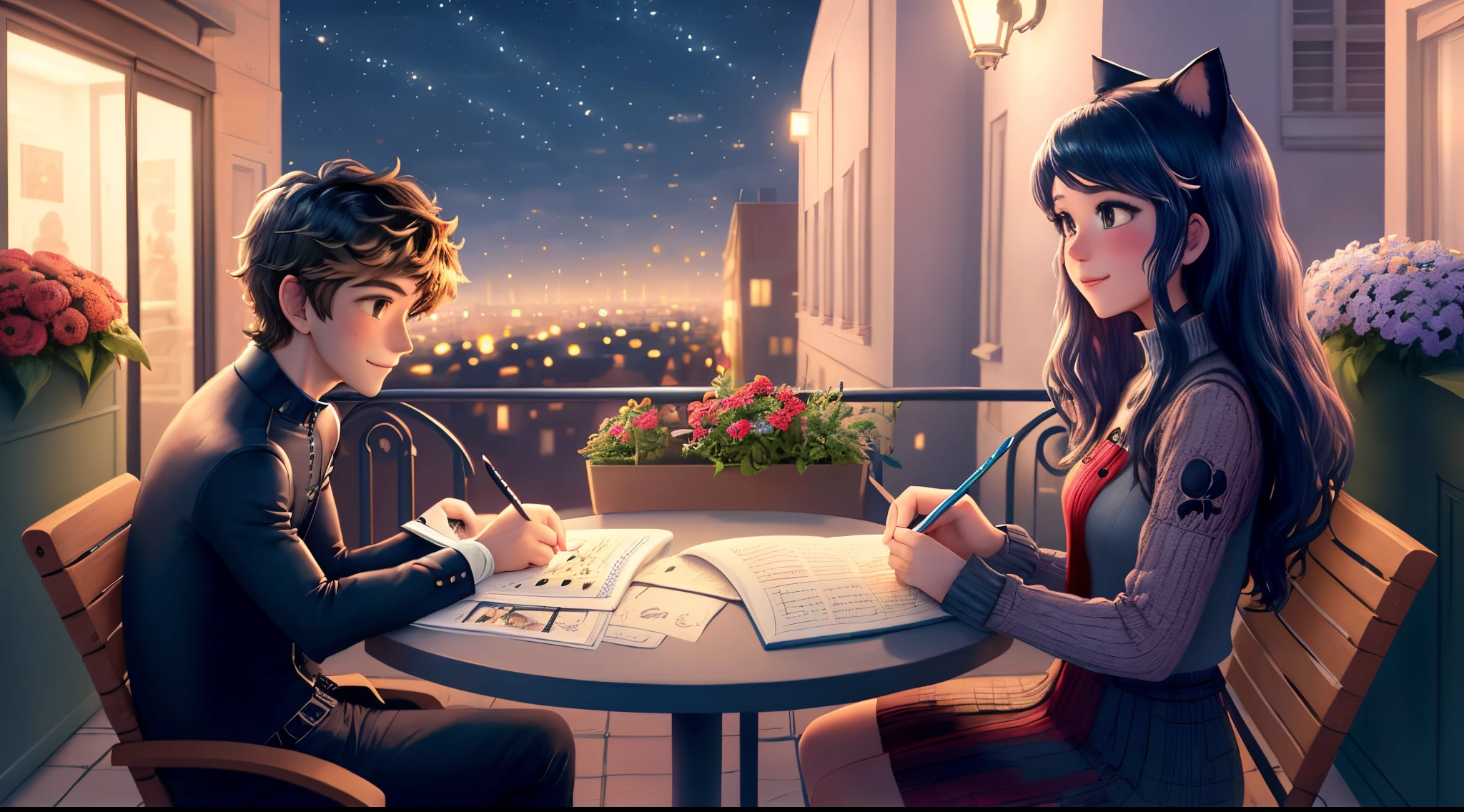 Imagine Marinette and Adrien sitting together on a Parisian rooftop, sharing a sweet moment as Ladybug and Cat Noir. Adrien is holding a small bouquet of flowers, and Marinette is blushing while sketching in her design notebook. The city lights twinkle in the background, adding a touch of romance to the scene.
