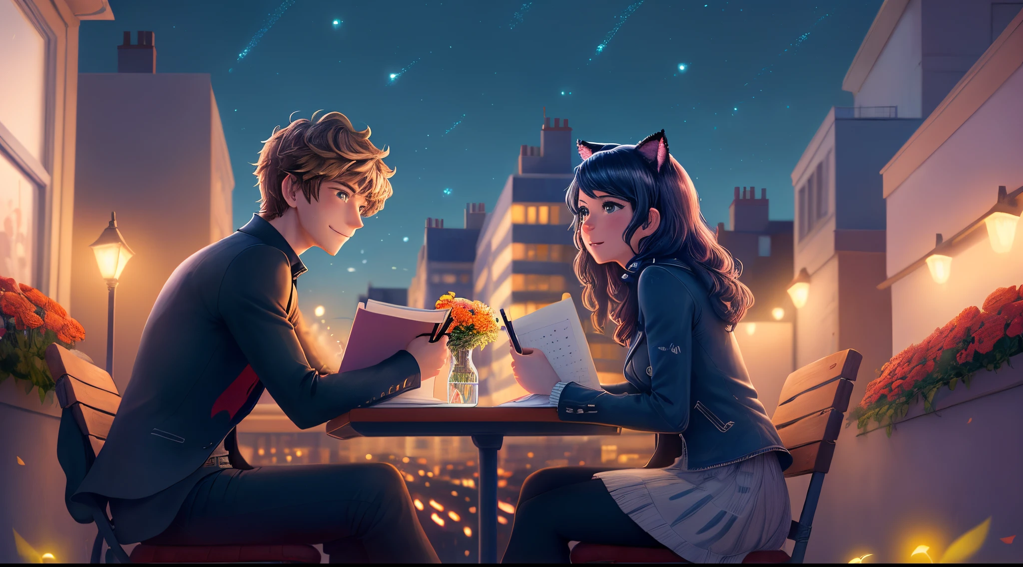 Imagine Marinette and Adrien sitting together on a Parisian rooftop, sharing a sweet moment as Ladybug and Cat Noir. Adrien is holding a small bouquet of flowers, and Marinette is blushing while sketching in her design notebook. The city lights twinkle in the background, adding a touch of romance to the scene.