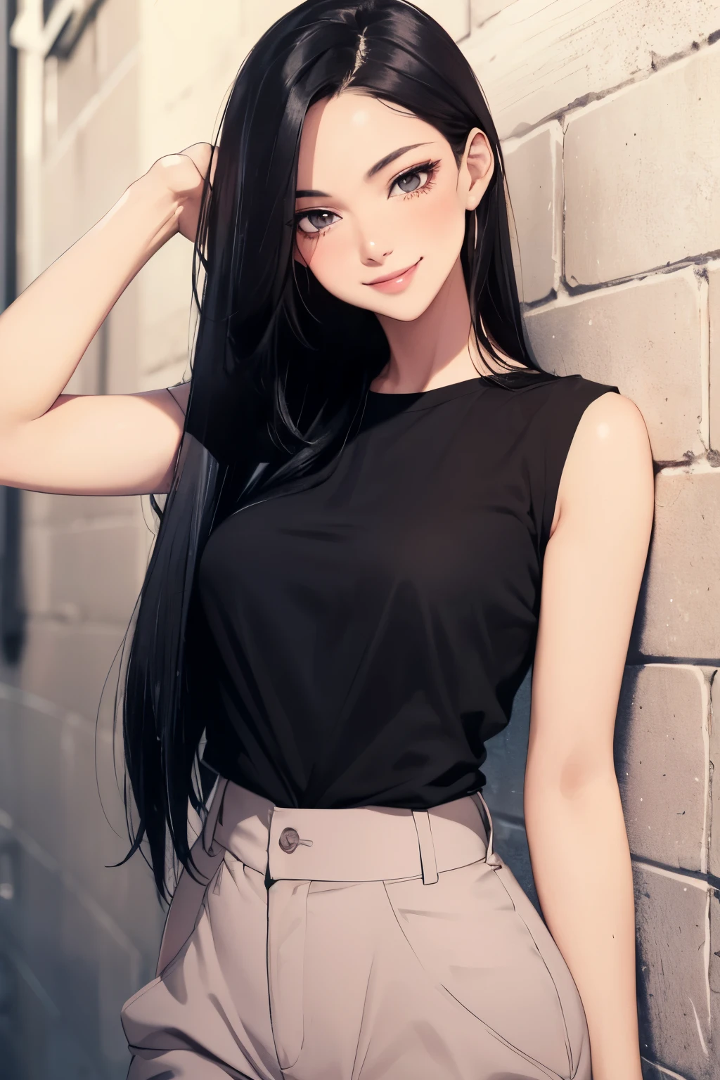 Amazing portrait of a sexy woman wearing her long straight luscious black hair, seductively gazing and smiling, soft lips, parted, blushing intensely, smiling, white t shirt, pink cargo pants, medium chest, perfect body