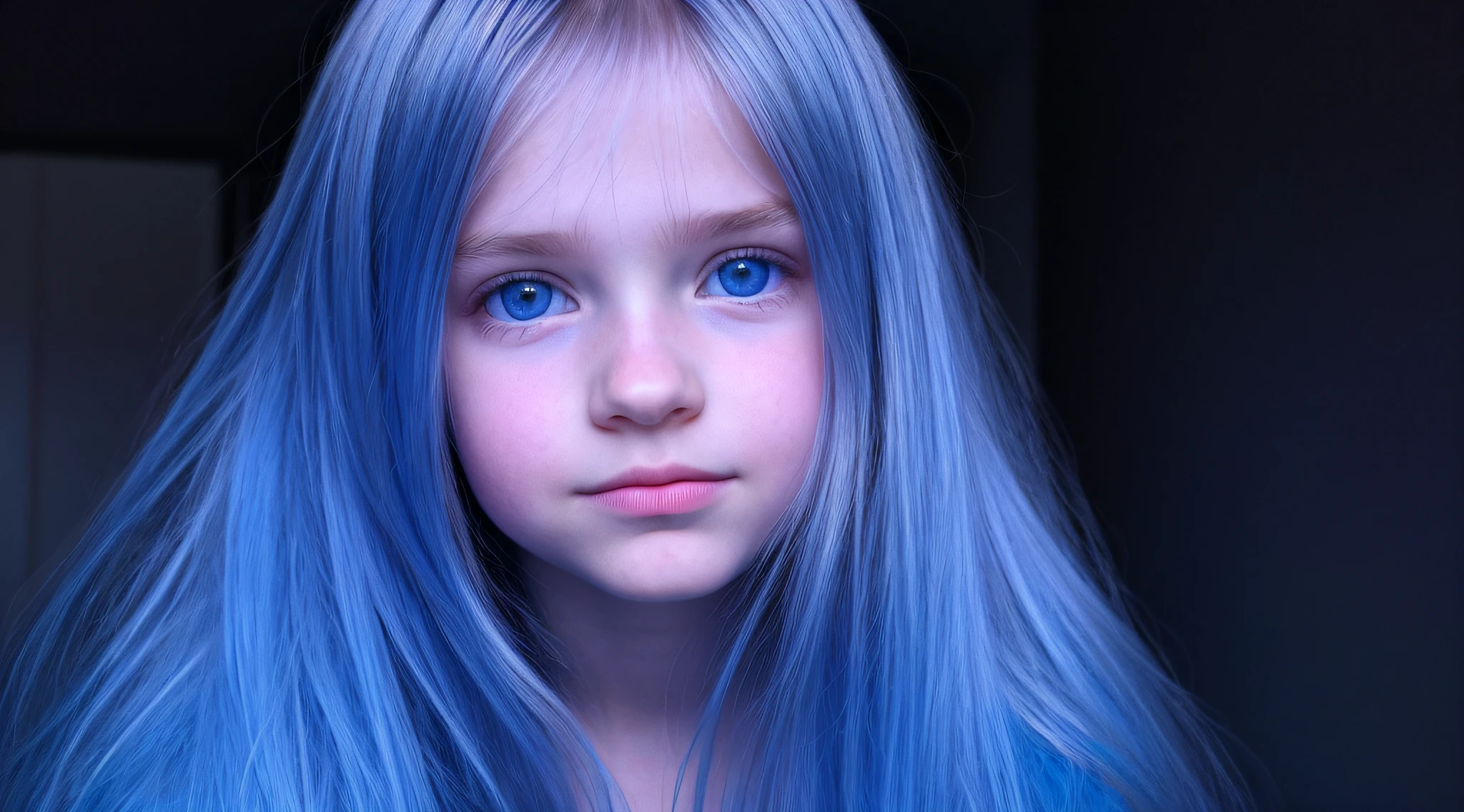 em frente a uma luz azul, beautiful girl RUSSIAN CHILD STRAIGHT HAIR , olhos brilhantes, olhos perfeitos, 10 anos.