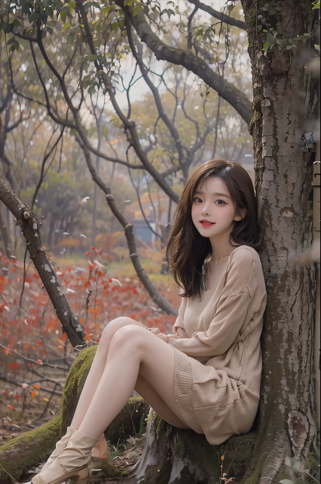 On a refreshing morning with a calm atmosphere, Lush steppe, A 28 year old brunette with messy hair is sitting on a tree stump.. she wears thick clothes, She is wearing a beige short knit dress with long sleeves and sheer black pantyhose。。。。。.。. Engaged in playful interaction, She shares a moment of joy with the chirping of birds around her.Viewer's POV