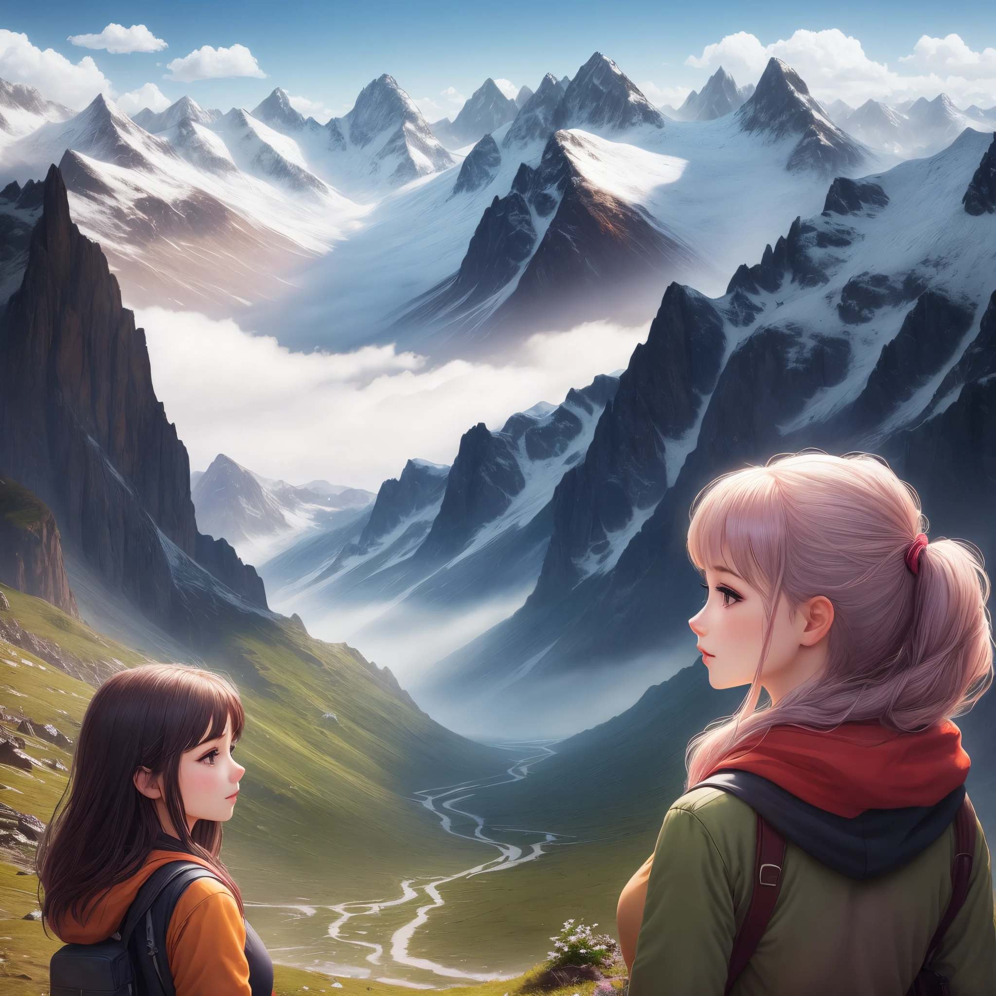 Create a beautiful girls in a mountains landscape