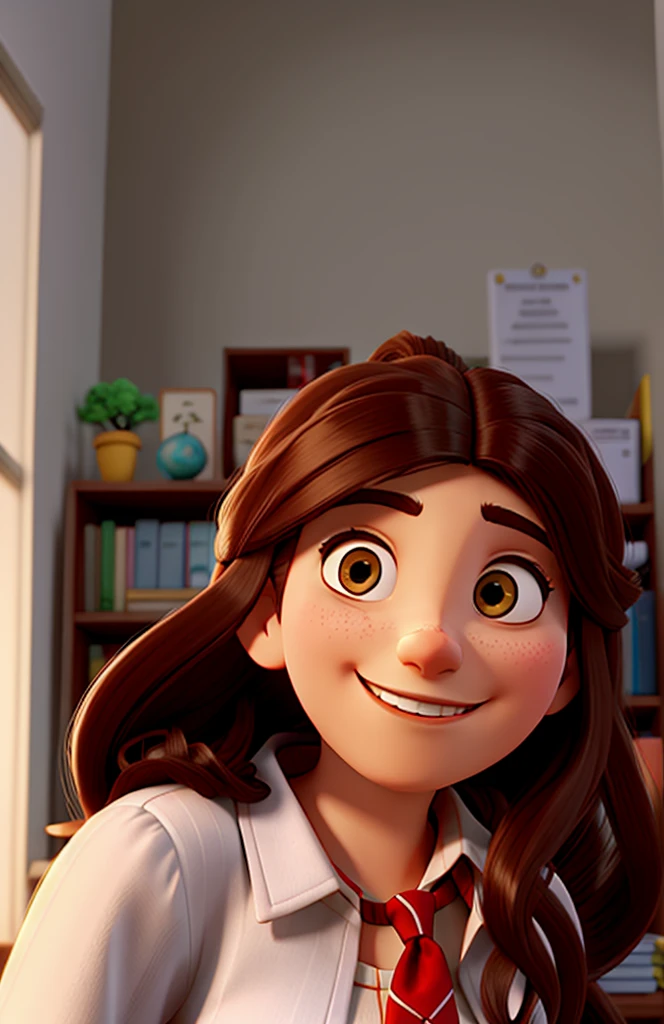 long-haired psychologist woman in her office in the background, no estilo disney pixar, alta qualidade, melhor qualidade.