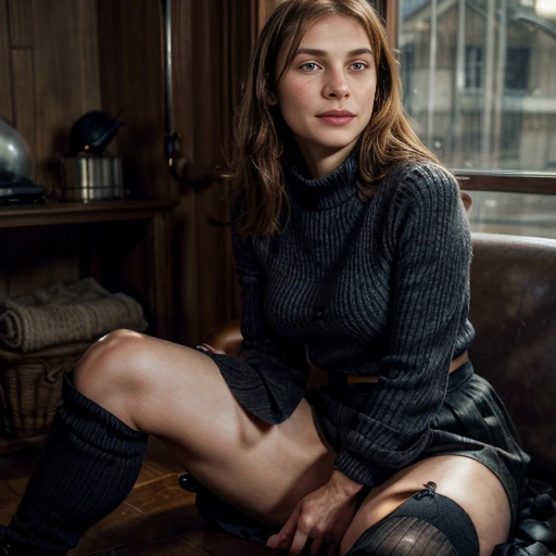50yo Claire danes with light brown hair, with bangs, looking at the camera, (bulbous nose) (large mouth), (closed mouth), (wide smile), (black skirt), legs, sexy, (full lips), sitting, (Claire danes), Homeland, (Claire danes), (50 years old) , (aged natural skin). (Big eyes with crows feet), (thigh high red wool socks)
