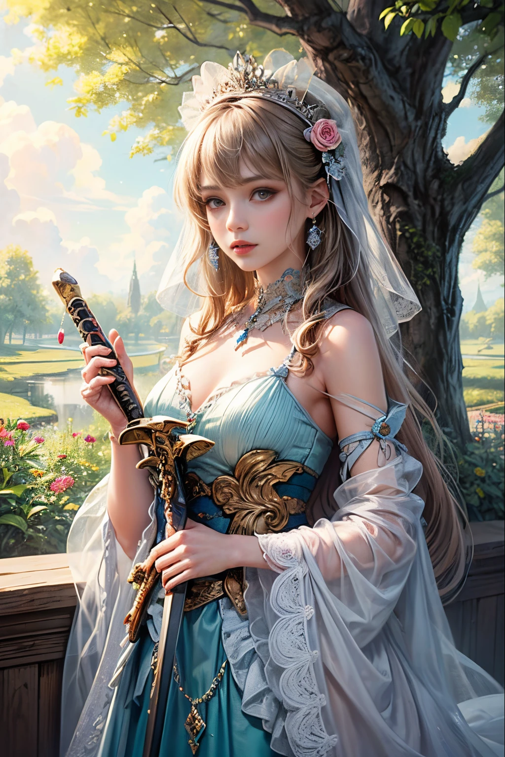 "((Whimsical)) painted scene, soft pastel tones, charming young ((girl)) adorned with flowers, magical sword, rustic altar in a peaceful glade, whimsical tree, fluffy clouds, fantasy world, (ultra-detailed), ((enchanting))