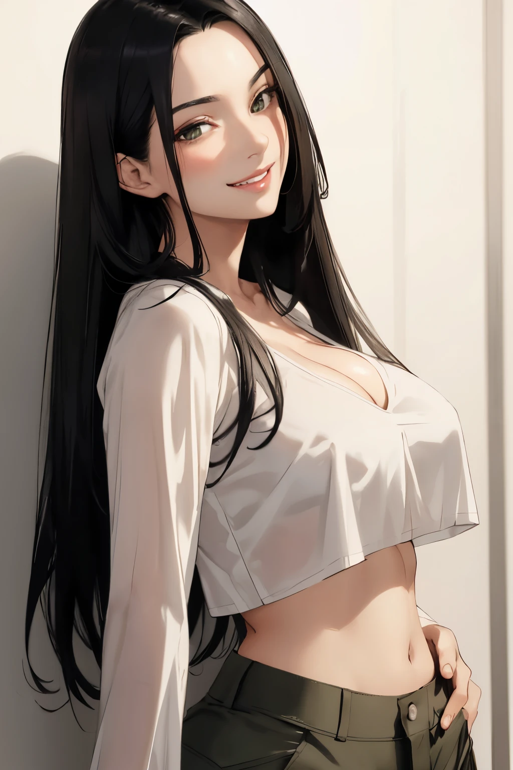 Amazing portrait of a sexy woman wearing her long straight luscious black hair, seductively gazing and smiling, soft lips, parted, blushing intensely, smiling, olive green crop top, white cargo pants, white shirt, medium chest, cleavage, perfect body