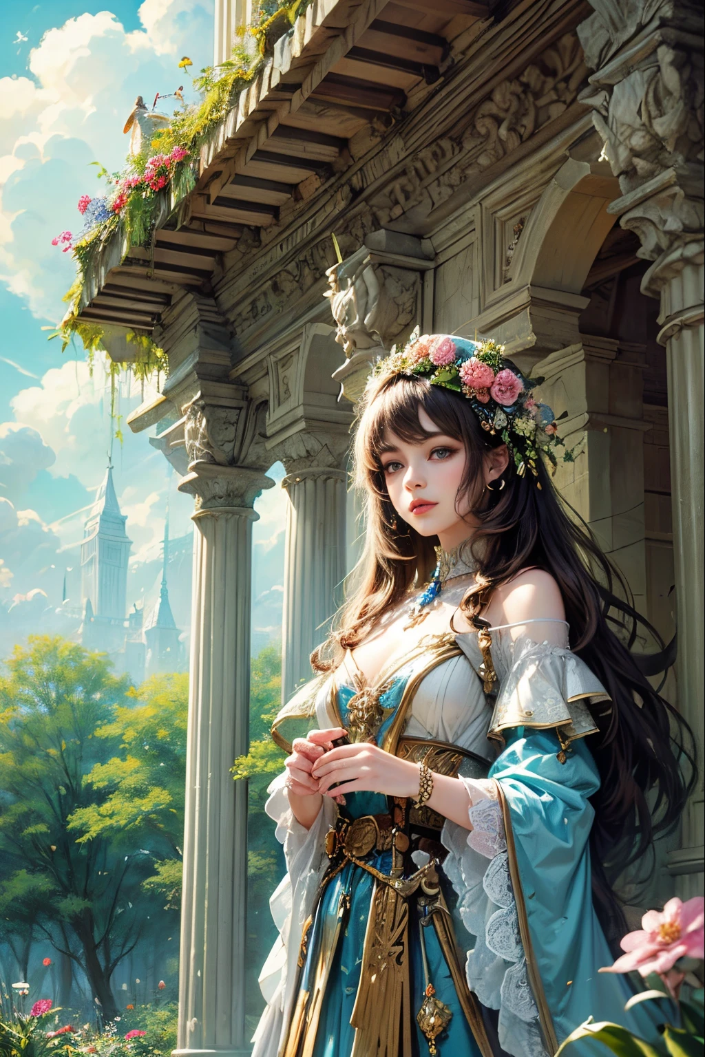 "((Whimsical)) painted scene, soft pastel tones, charming young ((girl)) adorned with flowers, magical sword, rustic altar in a peaceful glade, whimsical tree, fluffy clouds, fantasy world, (ultra-detailed), ((enchanting))