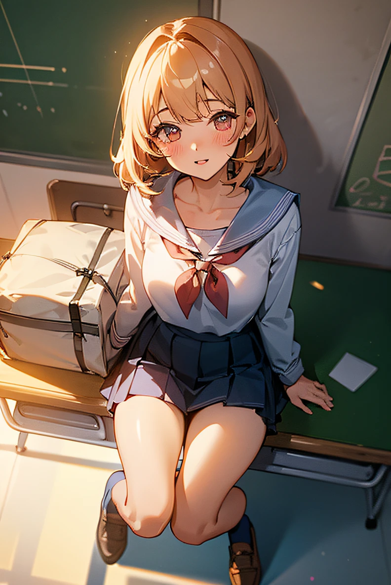 Pov, desde arriba, cuerpo completo,1girl, labios separados, sonrojarse, maquillaje, sonrisa ligera, Uniforme escolar, Classroom, Mochila escolar, rayos de luz, resplandecer, Muslos, 鎖骨, cintura estrecha, (Obra maestra), papel tapiz,