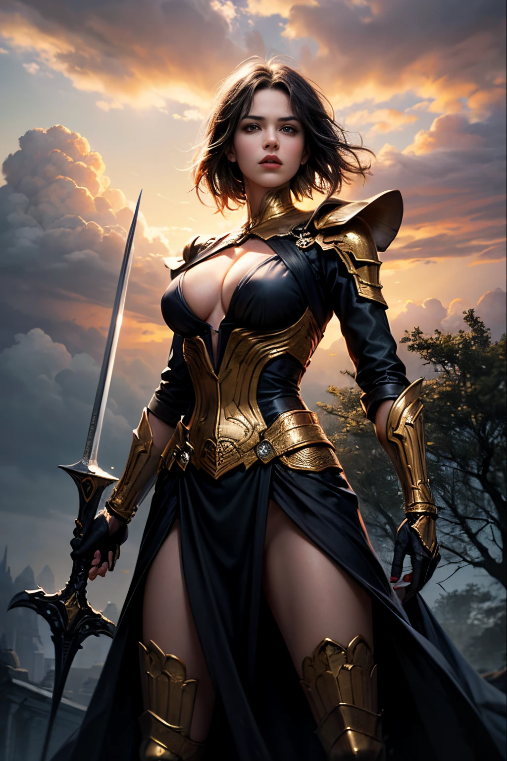 "((Heroic)) photographic capture, dynamic pose of a ((girl)) brandishing a gleaming sword, ancient altar against a stormy sky, stark tree silhouette, dramatic clouds, golden hour, rule of thirds, intense colors, (ultra high res), ((commanding))