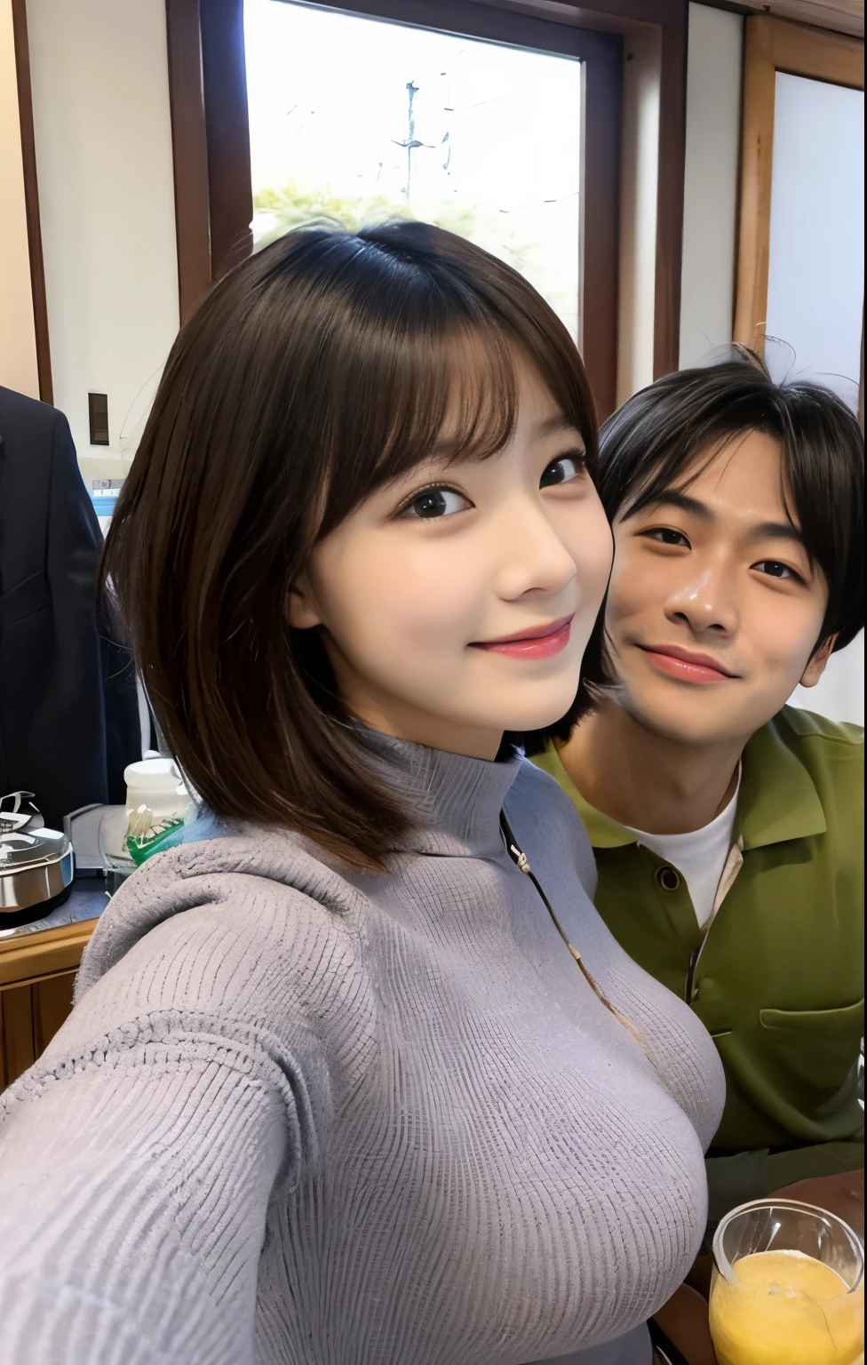 ((highest quality, 8k, Tabletop :1.3)), (Realistic, Realistic:1.4)Beautiful woman with perfect figure :1.4, 超Huge breasts, beautiful, smile, (bright:1.4), Beautiful woman, (Highly detailed face:1.2),  Fine grain, double eyelid, Beautiful Japanese women, slim:1.9, thin, Oily skin, Shiny skin, Silk Hair,Short Bob Black Hair, Tight clothing,Huge breasts,超huge,2 men and 2 women,Two shots,2 men and 2 women,Two shots,2 men and 2 women,Izakaya,Two shots,One Man,2 men and 2 women,But in Japan,Looking into the camera,But in Japan,Two shots,2 people,Selfie Camera,Selfie Camera,couple,couple,Izakaya,Izakaya couple,But in Japan,Two shots,couple,But in Japan,Two shots,couple,But in Japan,Two shots,Short Bob,huge tits,couple,But in Japan,couple,Two shots of But in Japan,But in Japan,Couple,Super huge boobs,CoupleTwo shots,Super huge boobs,Two shots with my uncle,Two shots with my uncle,Two shots with my uncle,date,make out,make out,Love love,Love love,make out,Couple,Couple,Age difference couple,Age difference couple,Age difference couple,Age difference couple,Love love,Love love,friend,friend,Love love,Couple,Love couple,Man with arms around waist,Short Bob,huge ,Selfie Camera,business suit,Beer in one hand