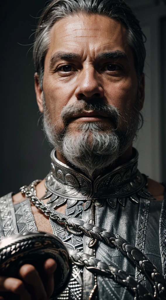 A detailed depiction of King Holds' silver beard, showcasing its intricate patterns and textures.
 8k, best quality