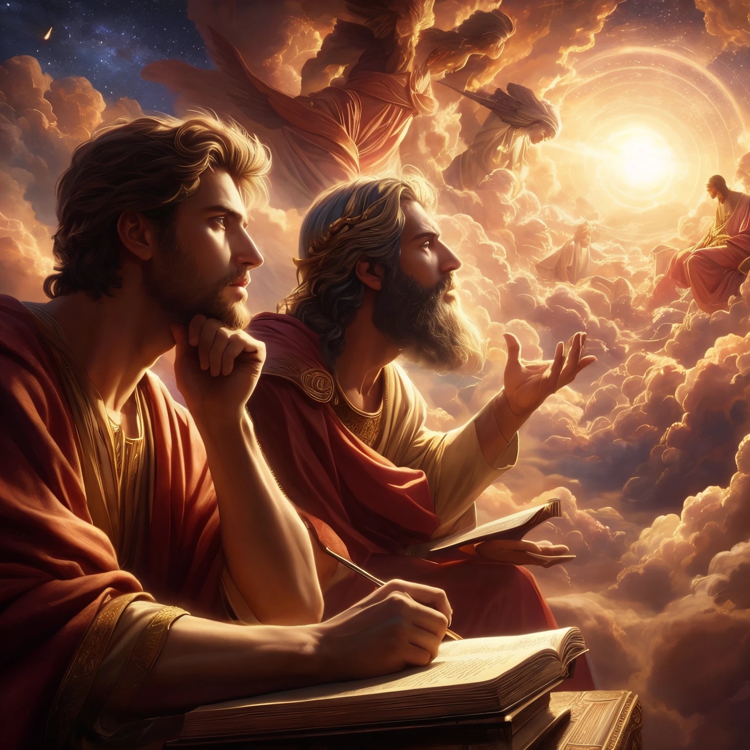 uma pintura de um grupo de pessoas sentadas em um banco, divino e estoico, gnosticismo, sua mente contemplando a eternidade, inspired by Theophanes, o Grego, collective consciousness, pintura religiosa, biblical art style, esoteric paradise equation, biblical painting, epic biblical representation, Scientific representation, Como oferenda a Zeus, Fundo onioso