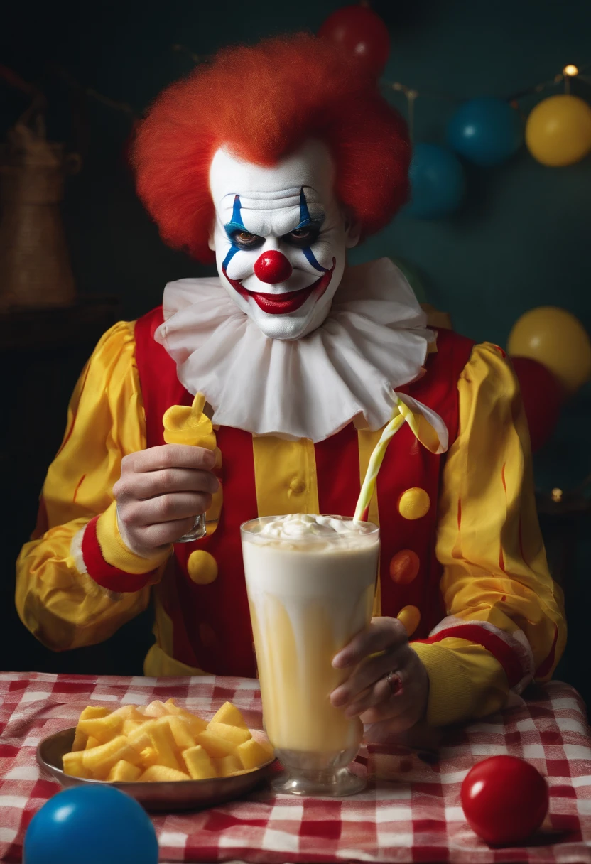 Sleazy McDonalds Clown creating a wild milkshake concoction,original,Ronald McDonald, male