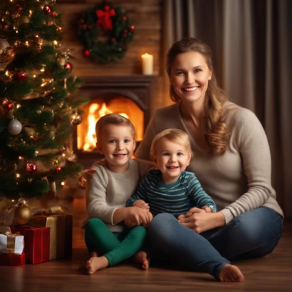 Smiling family with child and Christmas tree in living room, by Hristofor Zhefarovich, holiday season, Christmas, husband, wife and son;, Happy family, holiday, family photo, Eugene Zak, by Aleksander Gierymski, christmas night, Shutterstock, Portrait of a family of three, true realistic image, husband gives his beloved wife and son gifts for Christmas, Europeans, Smile, one tree with gifts, strictly one fireplace ((Best Quality)), ((Masterpiece)), (Detailed), a perfect face, foto realista, Ultra-detailed, realistic natural natural hands, fingers and toes straight, human, There are strictly five fingers on each hand, HDR, studio lightning, Professional, sharp-focus, physical based rendering, bright colours, portrai