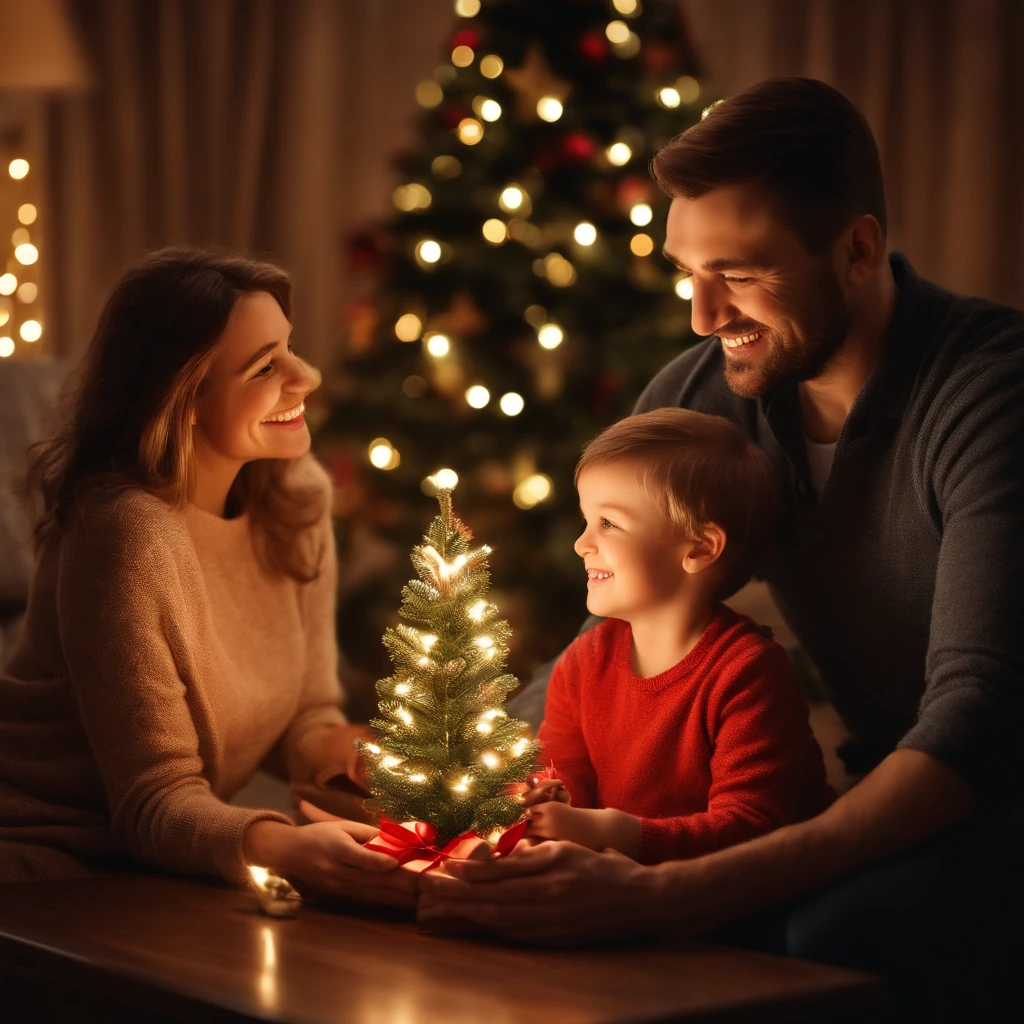 Smiling family with child and Christmas tree in living room, by Hristofor Zhefarovich, holiday season, Christmas, husband, wife and son;, Happy family, holiday, family photo, Eugene Zak, by Aleksander Gierymski, christmas night, Shutterstock, Portrait of a family of three, true realistic image, husband gives his beloved wife and son gifts for Christmas, Europeans, Smile, one tree with gifts, strictly one fireplace ((Best Quality)), ((Masterpiece)), (Detailed), a perfect face, foto realista, Ultra-detailed, realistic natural natural hands, fingers and toes straight, human, There are strictly five fingers on each hand, HDR, studio lightning, Professional, sharp-focus, physical based rendering, bright colours, portrai