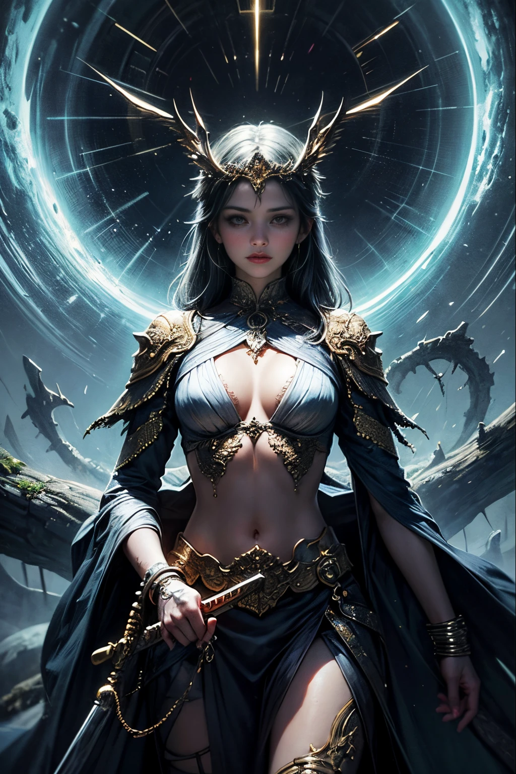 "((Enigmatic)) painting, misty atmosphere, mysterious ((girl)) with an otherworldly sword, ancient stone altar, gnarled tree, swirling clouds, ethereal glow, (hyper-detailed), ((surreal))