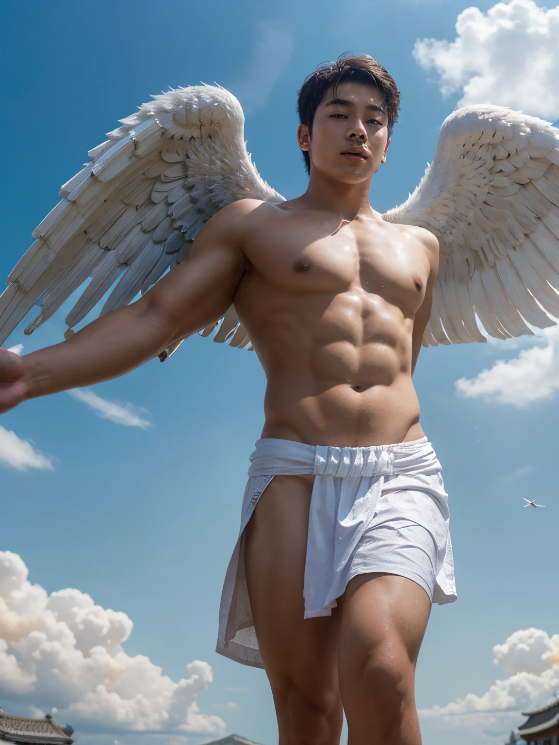 young buddha as christian angel wearing very short greek cloth,Angel wings, Korean male model, k pop idol, Song Kang Lookalike,  topless, muscles, head to toe, full body portrait, realistic, romantic, photograph, portrait, elegance handsome, athlete body, full frame,appeals,playful, flying in the heaven sky,