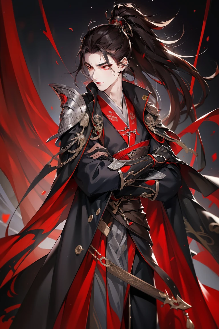 vampire man, Hanfu, Luxurious uniform black clothes，Shoulder blades，goth style（Shooting from front）hold your arm，cabelos preto e longos, red eyes，natta，asian architecture interior，Carved wooden windows，Pink gauze curtain，Best quality，16k,tmasterpiece，