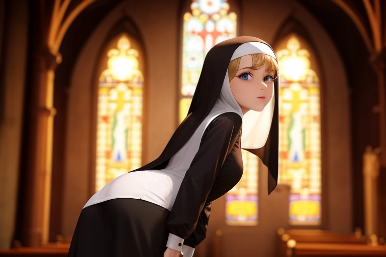 a girl dressed as a nun standing in a church, Short skirt, Detailed face, medieval, sexy, loli