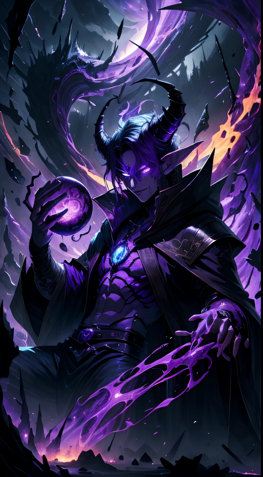 (absurdres, highres, ultra detailed, HDR), masterpiece, best quality, vampire male sitting on demon with a giant eye, in arrogant look, solo, vampire, male, demon eyeball, giant eyeball, disgusting, black demon wing, demon horn, handsome, purple eye, glowing eye, black robe, earring and accessory, bare chest, arrogant face, full body, magic vortex, spark, swirl, black and purple aura, dark purple cloudy sky, abyss, abstract background, from side, look up, evil smile