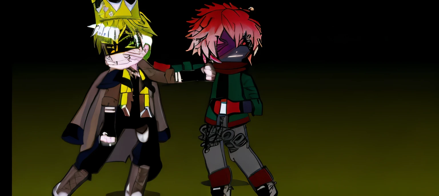 anime characters dressed in costumes and hats stand next to each other, Plano medio de dos personajes, They are fighting very angry, Anime estilizado, Luchando en una escena oscura, Anime estilizado, epic anime style, Arte digital de Danganronpa, unknown artstyle, cel-shaded:15, desaturados!!, cel sombreado:15, oscuro!