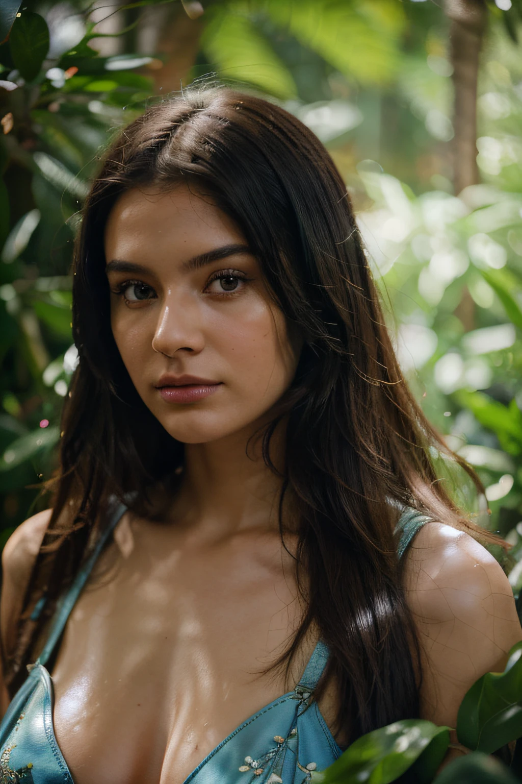(best quality,ultra-detailed,photorealistic),young woman,beautiful eyes,detailed lips,pensive expression,soft lighting,vibrant colors,,long flowing hair,stylish red outfit, jungle background,colorful flowers,natural sunlight,serene atmosphere, natural round breasts, hourglass figure, 4k details,