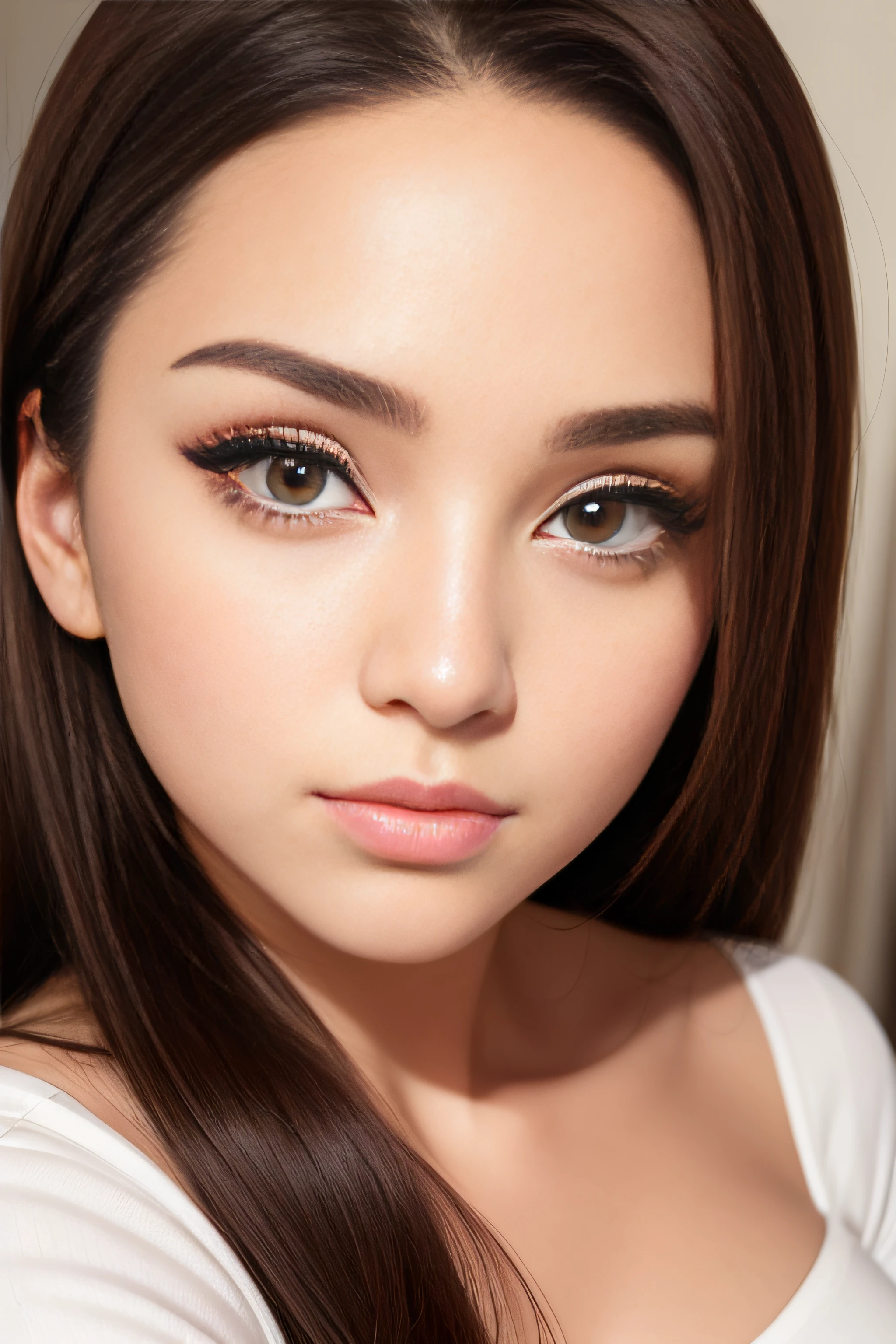 The woman with symmetrical, refined facial features. A woman with long, straight, brown hair. Her forehead is smooth, with a hairline that recedes evenly, providing a balanced frame for her face. Her eyebrows are long, well-shaped, and appear to be carefully filled in, adding depth to her gaze. The eyes are expressive, with large pupils and seemingly light in color. Her eyelashes are long and gently curled.
Her nose has straight lines and is proportionate to the rest of her facial features. The lips are full with a well-defined cupid's bow. The makeup is understated yet enhances her natural beauty - the eyeshadow is applied subtly, and her cheeks are lightly highlighted. The woman's skin seems flawless, with a uniform, fair tone. Overall, her features convey a sense of classical beauty, harmoniously arranged.