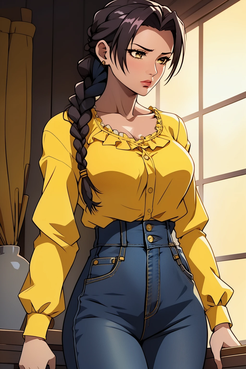 Misako, braid hair, yellow blouse long sleeves, blue jeans,