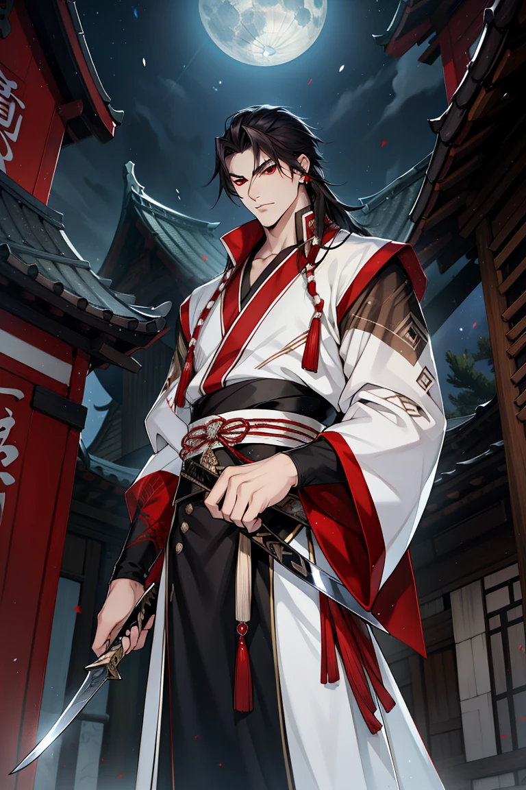vampire man, Hanfu, long sword, cabelos preto e longos, red eyes,natta,starrysky,rays of moonlight,Asian architecture,Best quality,16k,tmasterpiece,