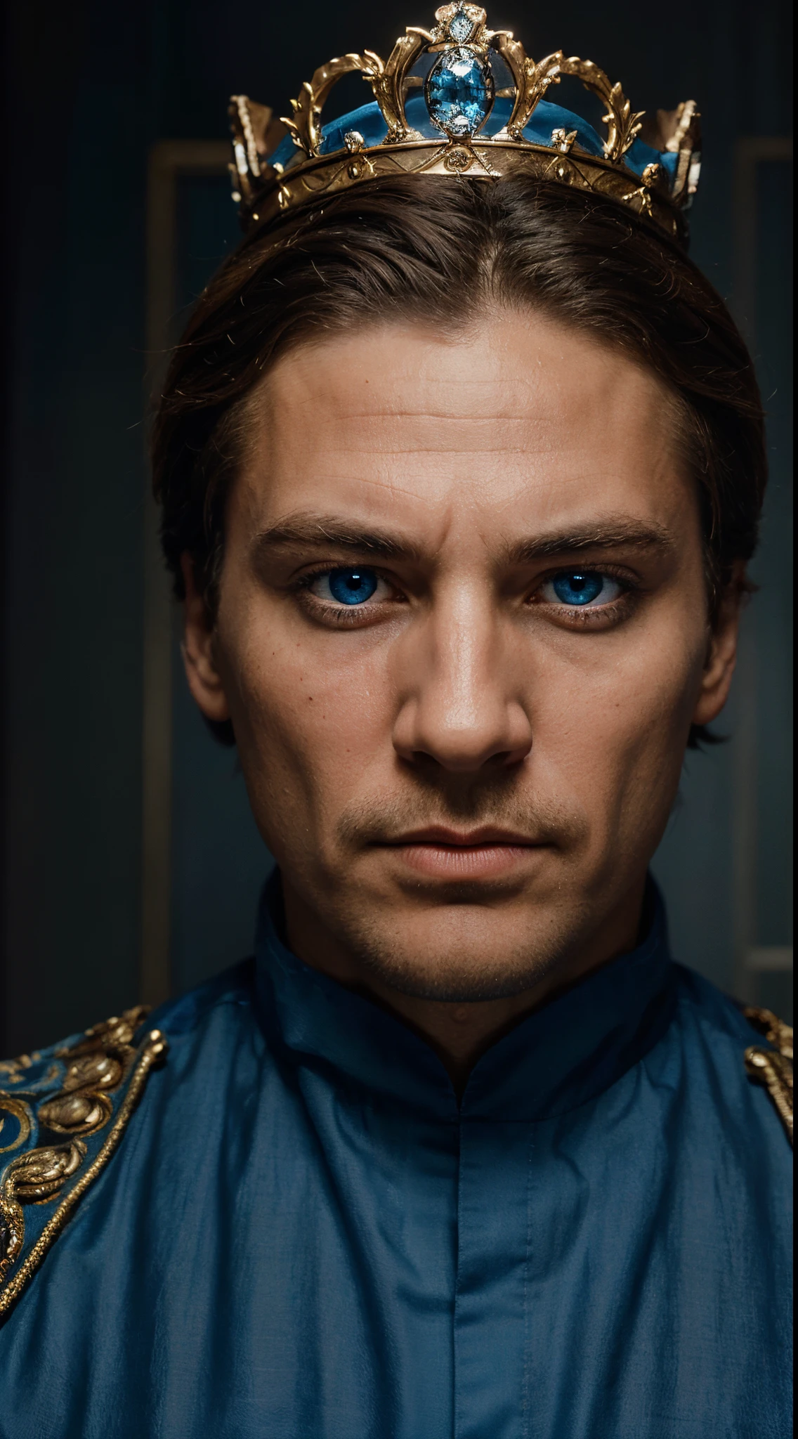 A close-up of King Holds' regal face, capturing the intensity in his piercing blue eyes.
8k, best quality