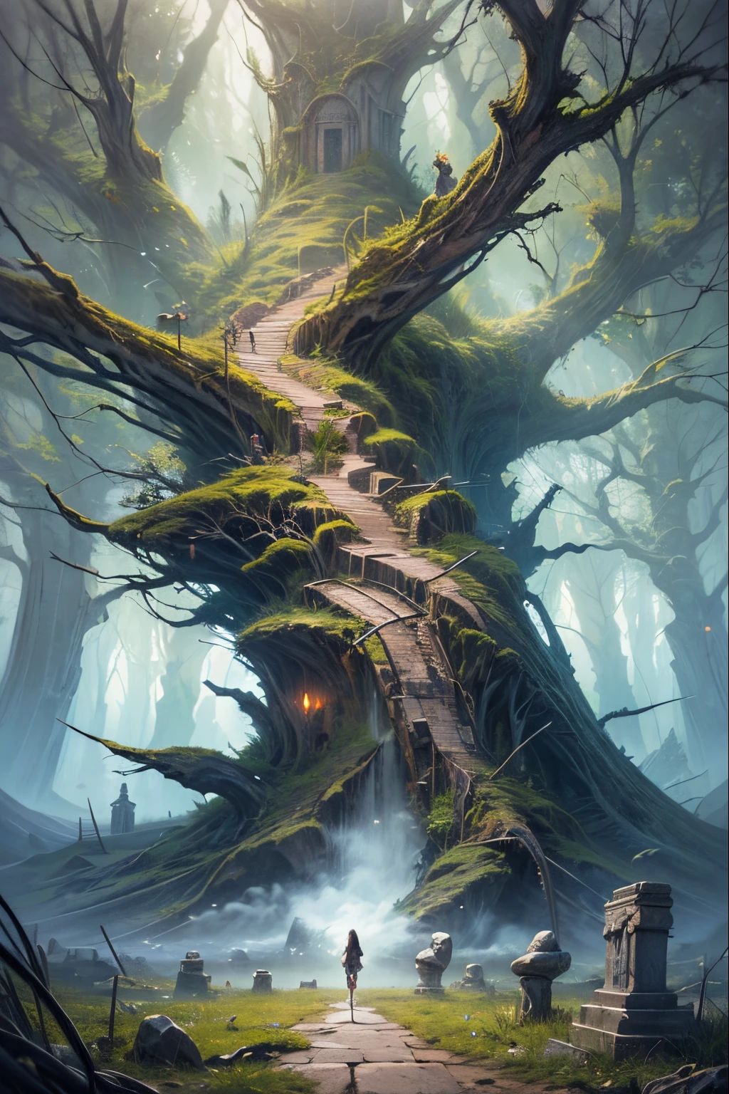 "((Enigmatic)) painting, misty atmosphere, mysterious ((girl)) with an otherworldly sword, ancient stone altar, gnarled tree, swirling clouds, ethereal glow, (hyper-detailed), ((surreal))