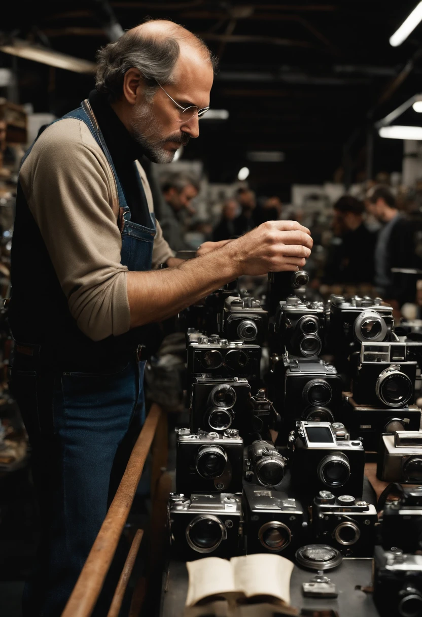 A photo of Jobs meticulously examining the intricate details of a vintage camera collection at an antique market,original,Steve Jobs, the co-founder of Apple Inc., was known for his signature style: a black turtleneck, blue jeans, and New Balance sneakers, creating a minimalist and iconic image. He had a slender build and an intense, penetrating gaze, often accompanied by a contemplative or fiercely determined expression., male