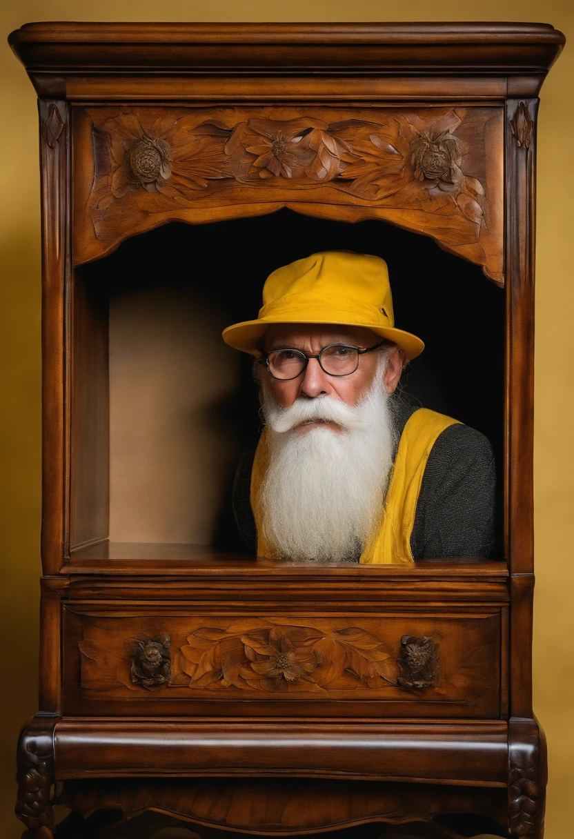 A photo of a meticulously carved wooden bedside table with a built-in drawer,original,He has a long white beard and is close to 70 years old. He wear wore rimmed glasses and a yellow safety hat at all times, male