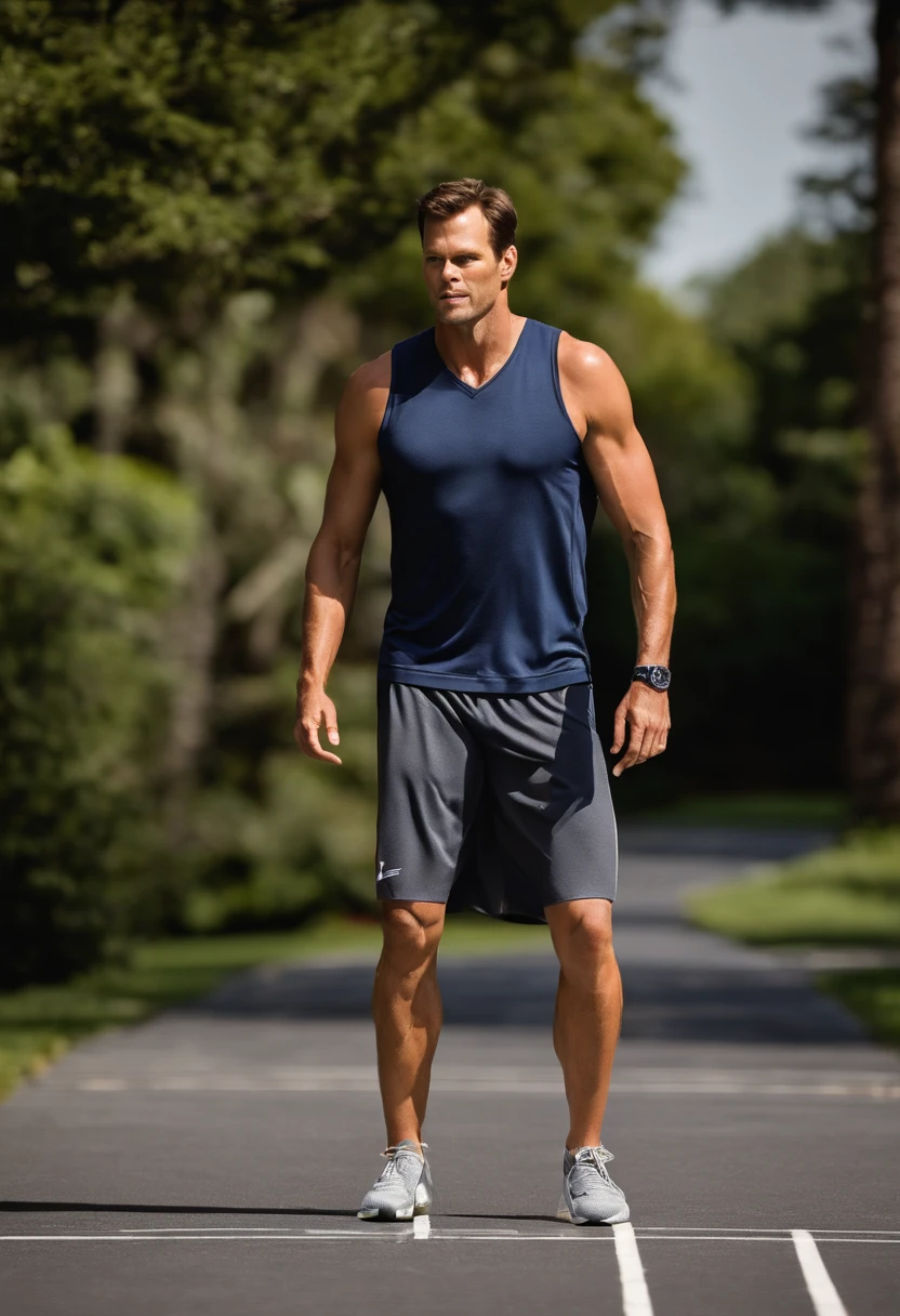 The image is a close-up of Tom Brady in workout gear, playing an intense game of hopscotch in the driveway.,Retired NFL Quarterback,Tom Brady, the recently retired renowned American football quarterback, is known for his athletic build, standing tall with a lean, yet muscular physique honed from years of rigorous training and play. He often appears clean-cut, with short hair and a well-maintained appearance, reflecting his disciplined and focused nature., male