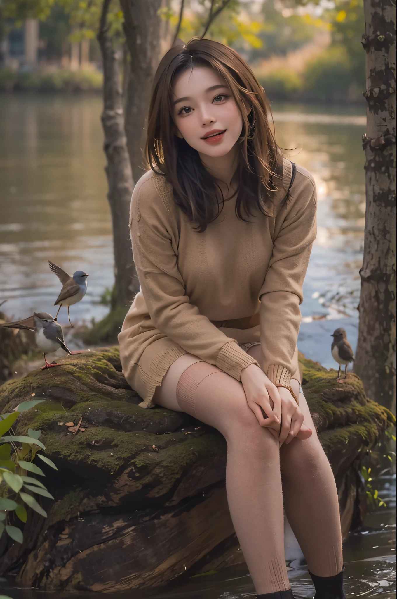 On a crisp morning by the serene, lush green lake, a 28-year-old brunette with tousled hair sits on a tree stump. She wears a thick, short beige knitted dress with long sleeves and dons sheer black stockings. Engaged in playful interaction, she shares a moment of joy with the chirping birds around her.eyes looking at viewer