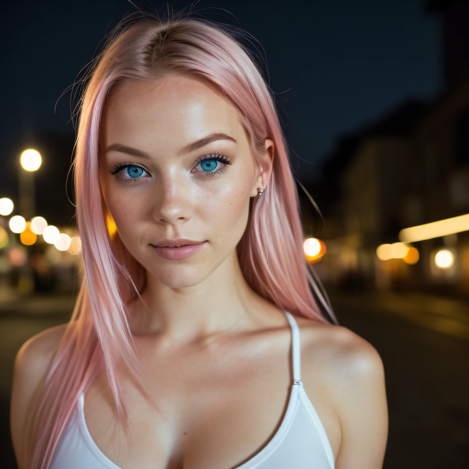 Portrait photo of a 20-year-old pink-haired girl in RAW UHD format (Blue-eyed woman) Walk down the dark alley, big breastes,, night city, (rock), (neck), specificity (cloth! , cabelo! , shine, a color!! , imperfections: 1.1), Vibrant eyes with a high level of detail (looking up at the camera), DSLR Lighting, Single-lens reflex camera, ultra quality, sharpness, Depth of field, Filmcorn (Middle), Fujifilm XT3, Clair, Rahmenmitte, beatiful face, sharp-focus, street lamp, Neonbeleuchtung, bokeh (dimly lit), the night, (night  sky), detailed skin pores, oilly skin, suntan, Compound eyesRead More, body complet, big breastes