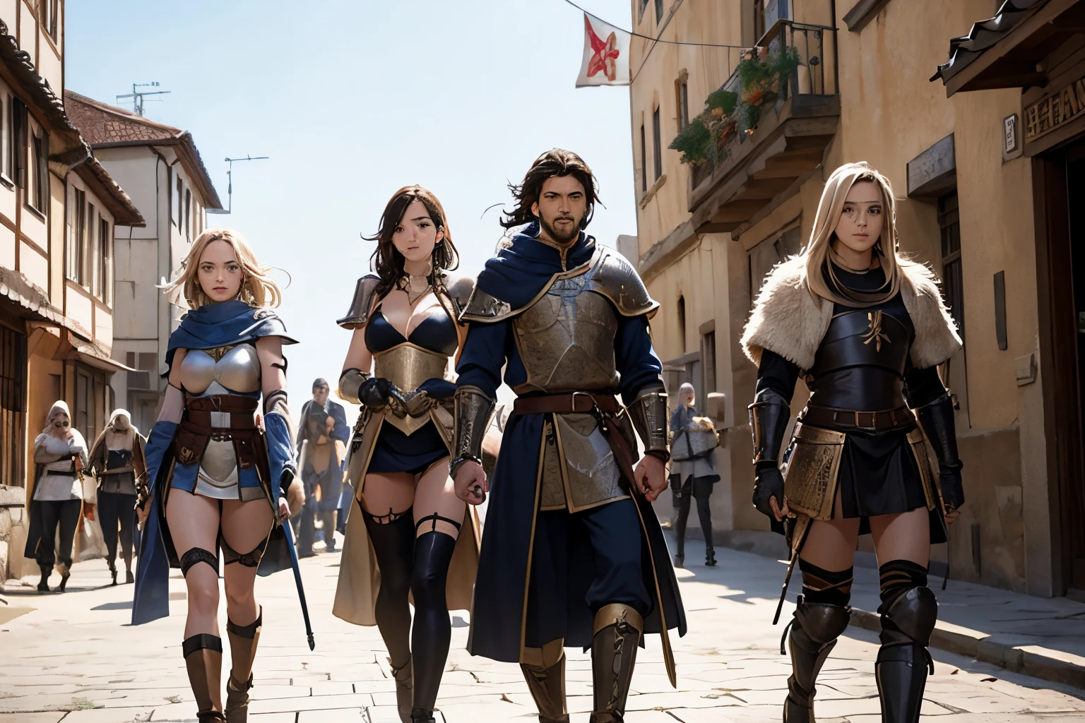 Naked busty female warrior and naked busty woman priest and naked busty woman wizard and naked busty princess are walking side by side in the market of the medieval masses,a smile,The citizens around you are watching,Medieval mass market in blue sky