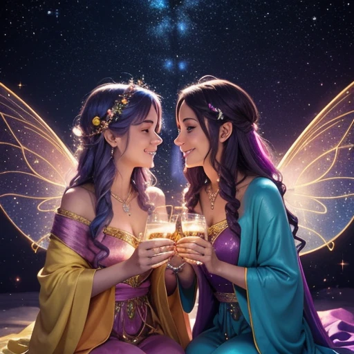 ((Colorfull)),Two women, draped in ethereal robes, meet in a celestial bar lit by twinkling stars. As they talk, the glasses in their hands emanate a soft light. The soft sound of harps and fairy laughter fills the air as they share magical stories from their heavenly realms. Details such as glittering wings and a subtle halo add a celestial touch to the atmosphere, transporting everyone present to a place of enchantment and magic.