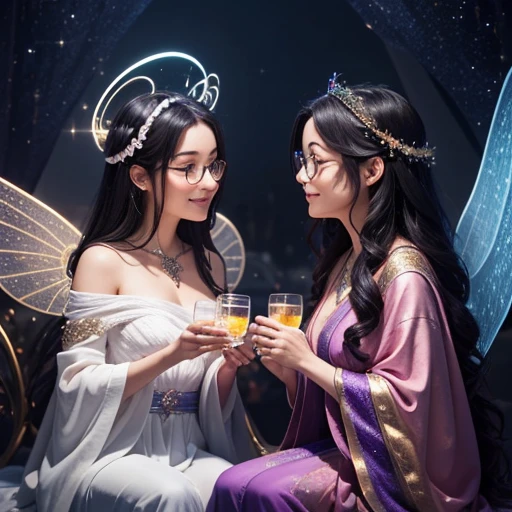 ((Colorfull)),Two women, draped in ethereal robes, meet in a celestial bar lit by twinkling stars.  As they talk, the glasses in their hands emanate a soft light.  The soft sound of harps and fairy laughter fills the air as they share magical stories from their heavenly realms.  Details such as glittering wings and a subtle halo add a celestial touch to the atmosphere, transporting everyone present to a place of enchantment and magic.