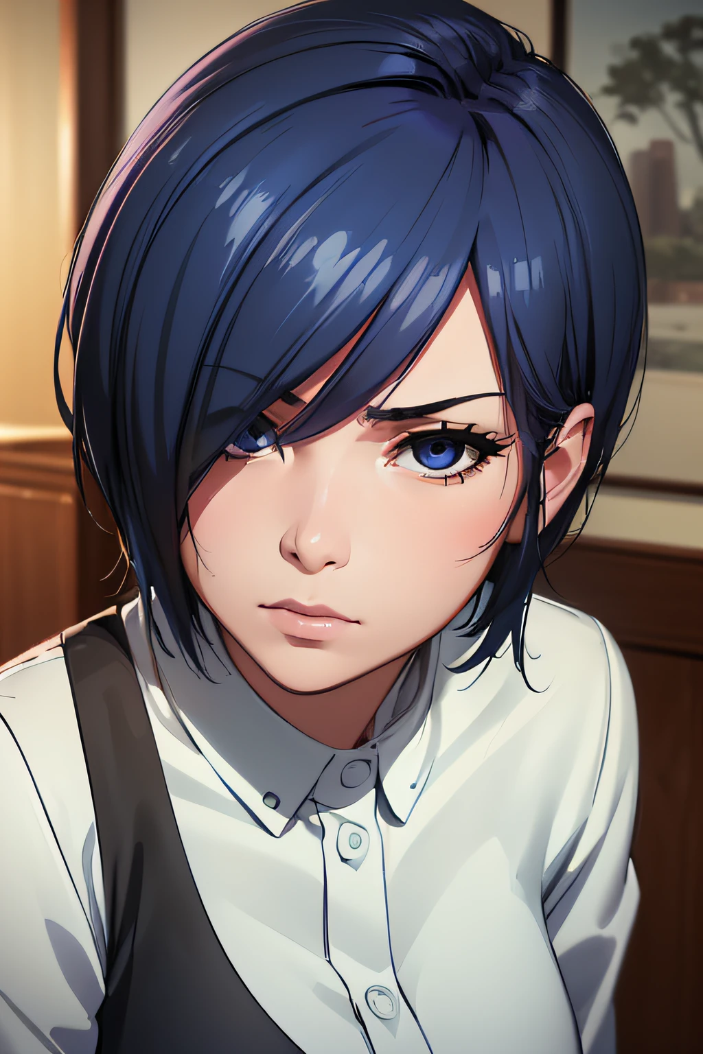 (Best Quality,4k,8k,highres,巨作:1.2),A highly detailed,(Realistic,Realistic Photos,Realistic Photos:1.37),Touka Kirishima,Short dark blue hair covering her eyes,Beautiful Detailed Eyes,beautiful appearance;;;,anime,sharp focus,bright colours,Soft lighting wearing a white shirt