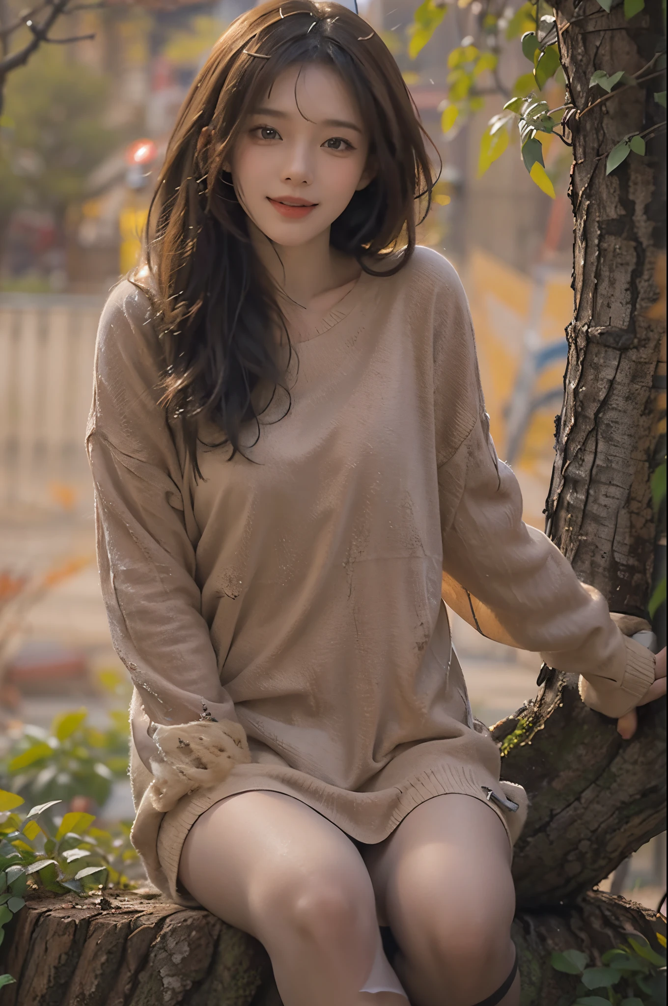 On a refreshing morning with a calm atmosphere, Lush steppe, A 28 year old brunette with messy hair is sitting on a tree stump.. she wears thick clothes, She is wearing a beige short knit dress with long sleeves and sheer black pantyhose。。。。。.。. Engaged in playful interaction, She shares a moment of joy with the chirping of birds around her.Viewer's POV