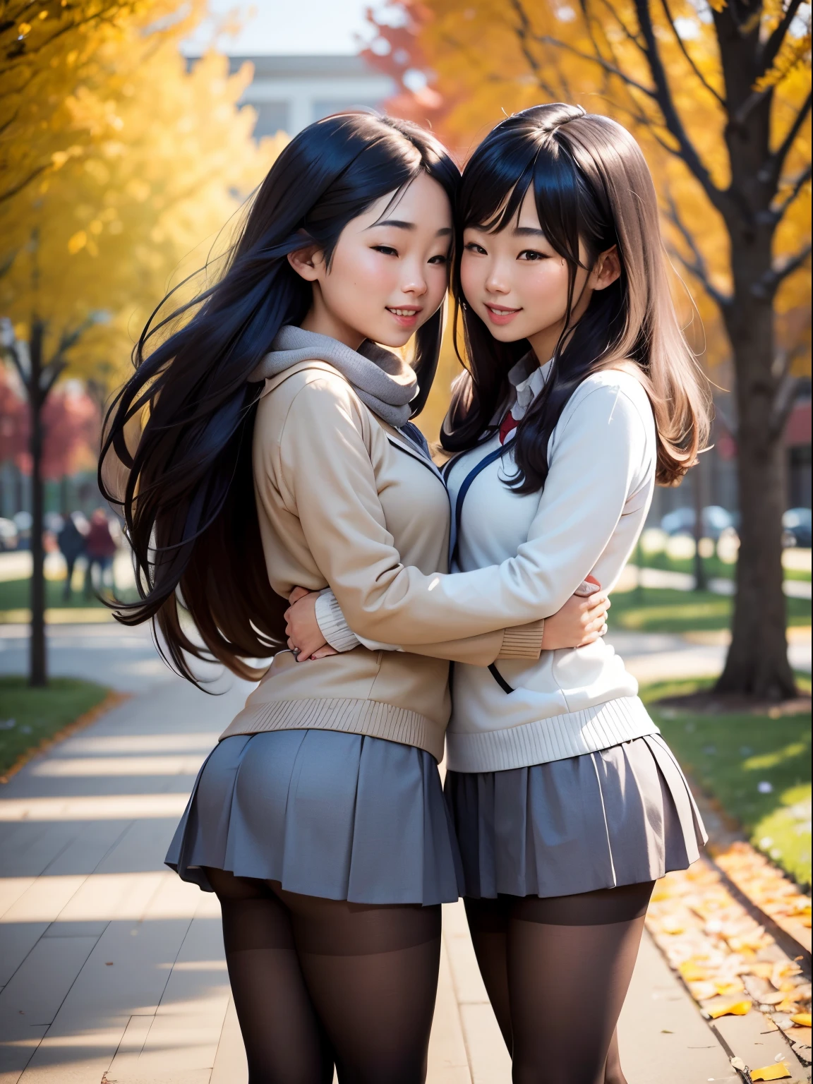 Show entire body, pantyhose feet, 2 Asian females, pantyhose, standing, kissing, smiling, college campus