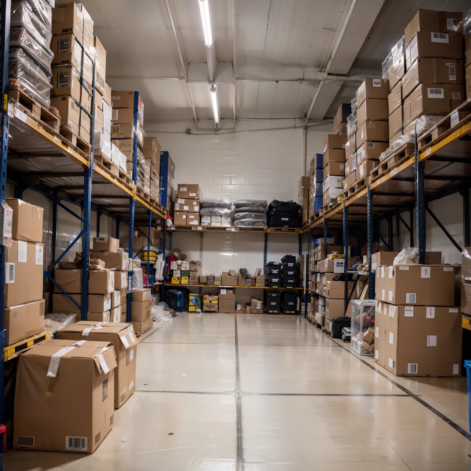 Detailed, 4K, 8K, UHD, high quality. There are a lot of winter jackets in transparent packaging on the shelves. Metal rack, small warehouse. Outerwear is folded on shelves. View of the shelves. Extreme clarity.