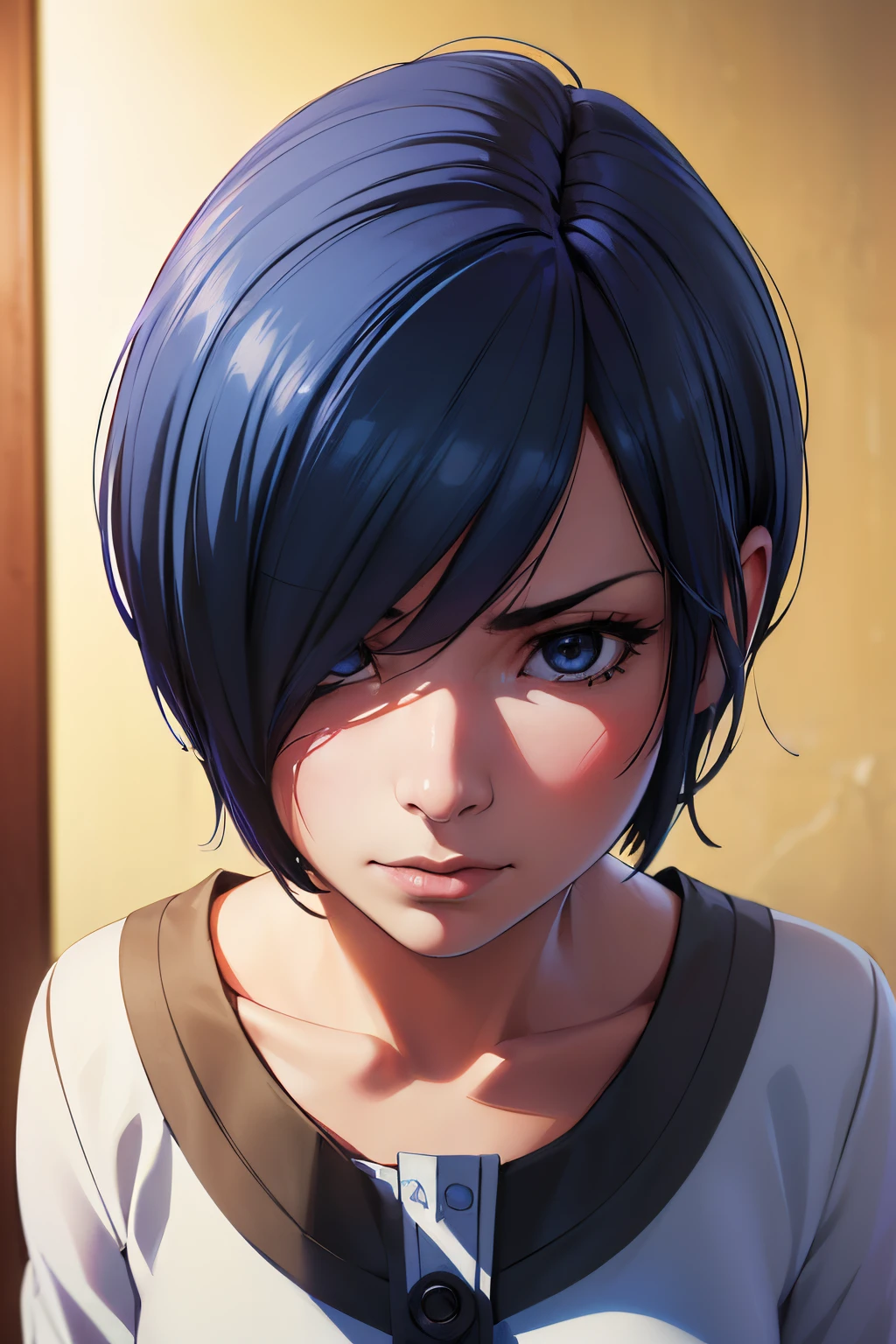 (Best Quality,4k,8k,highres,巨作:1.2),A highly detailed,(Realistic,Realistic Photos,Realistic Photos:1.37),Touka Kirishima,Short dark blue hair covering her eyes,Beautiful Detailed Eyes,beautiful appearance;;,anime,sharp focus,bright colours,Soft lighting wearing a white shirt