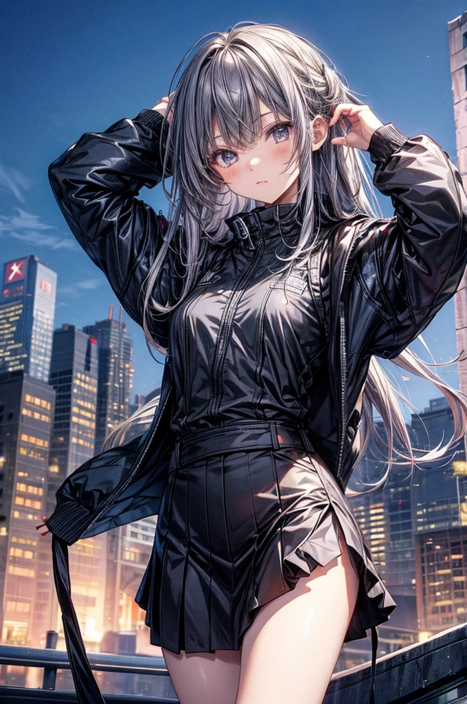 anime moe art style,Best Anime 8K Konachan Wallpapers,Badass Anime 8K,Perfect Anatomy, (Please draw a picture of a girl looking down on the city from the rooftop...........)From diagonally above,overhead angle,BREAK, 1 That girl is a student, (Solo,Lori,child,18year old:1.3), Androgynous attraction, (very long gray hair, Blunt bangs。Akame), Full limbs, complete fingers,flat chest, Small butt, groin, Beautiful dark eyes created by detailed 8K, parka,Obi,flowing skirt, standing on the roof of a skyscrapper. BREAK, i have a mission.。Sasasasa...。Ultra-detailed,High resolution,super detailed skin, Professional Lighting, Illustration,Landscape of the near future