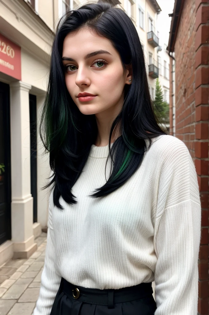 eastern European 25 year old woman. jet black hair, medium to long. pale skin. one blue and one green eye. thin. selfie image