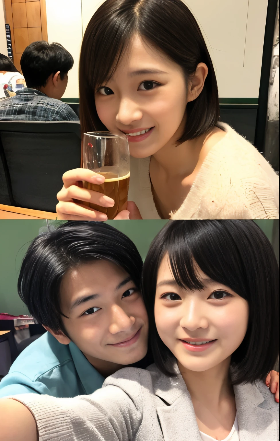 ((Best Quality, 8K, masutepiece :1.3)), (Realistic, Photorealistic:1.4)A pretty woman with perfect figure :1.4, super gigantic breast, Beautiful, Smile, (Bright:1.4), Pretty Woman, (Highly detailed face:1.2),  Detailed eyes, 二重まぶた, japanese pretty woman, slim:1.9, slender, Oily skin, Shiny skin, silk hair,Short bob black hair, Tight clothes,Huge breasts,Super huge,2 men and women,two shot,2 men and women,two shot,2 men and women,Izakaya,two shot,One Man,2 men and women,Japan men,Looking at the camera,Japan men,two shot,2guys,Selfie Camera,Selfie Camera,husband and wife,husband and wife,Izakaya,couple in tavern,Japan men,two shot,husband and wife,Japan men,two shot,husband and wife,Japan men,two shot,a short bob,Colossal tits,husband and wife,Japan men,husband and wife,Two shots of Japan men,Japan men,a couple,ultra gigantic tits,Couple Two Shots,ultra gigantic tits,Uncle and Two Shots,Uncle and Two Shots,Uncle and Two Shots,date,Flirting,Flirting,lovey-dovey,lovey-dovey,Flirting,a couple,a couple,Age difference couple,Age difference couple,Age difference couple,Age difference couple,lovey-dovey,lovey-dovey,chum,chum,lovey-dovey,a couple,Couple in love,man with arm around waist,a short bob,Colossal tits,Selfie Camera,Business suits,Beer in one hand,a baby face,Young Face,a baby face,Lori face,Young Face,a baby face,with round face,Faces of schoolchildren,with round face,Faces of schoolchildren,a baby face,Izakaya,childlike face,with round face,a baby face,Elementary school girl,Inside the tavern,Face of 10 year old girl,Early life